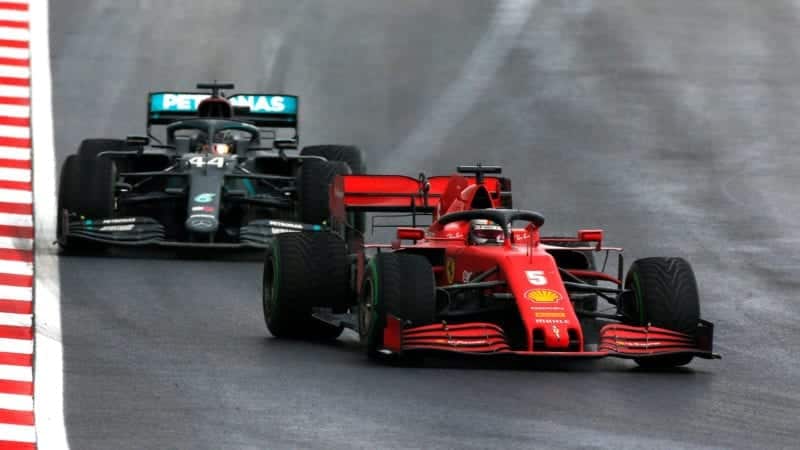 Lewis Hamilton's Mercedes follows the Ferrari of Sebastian Vettel at Istanbul PArk in the 2020 F1 Turkish Grand Prix
