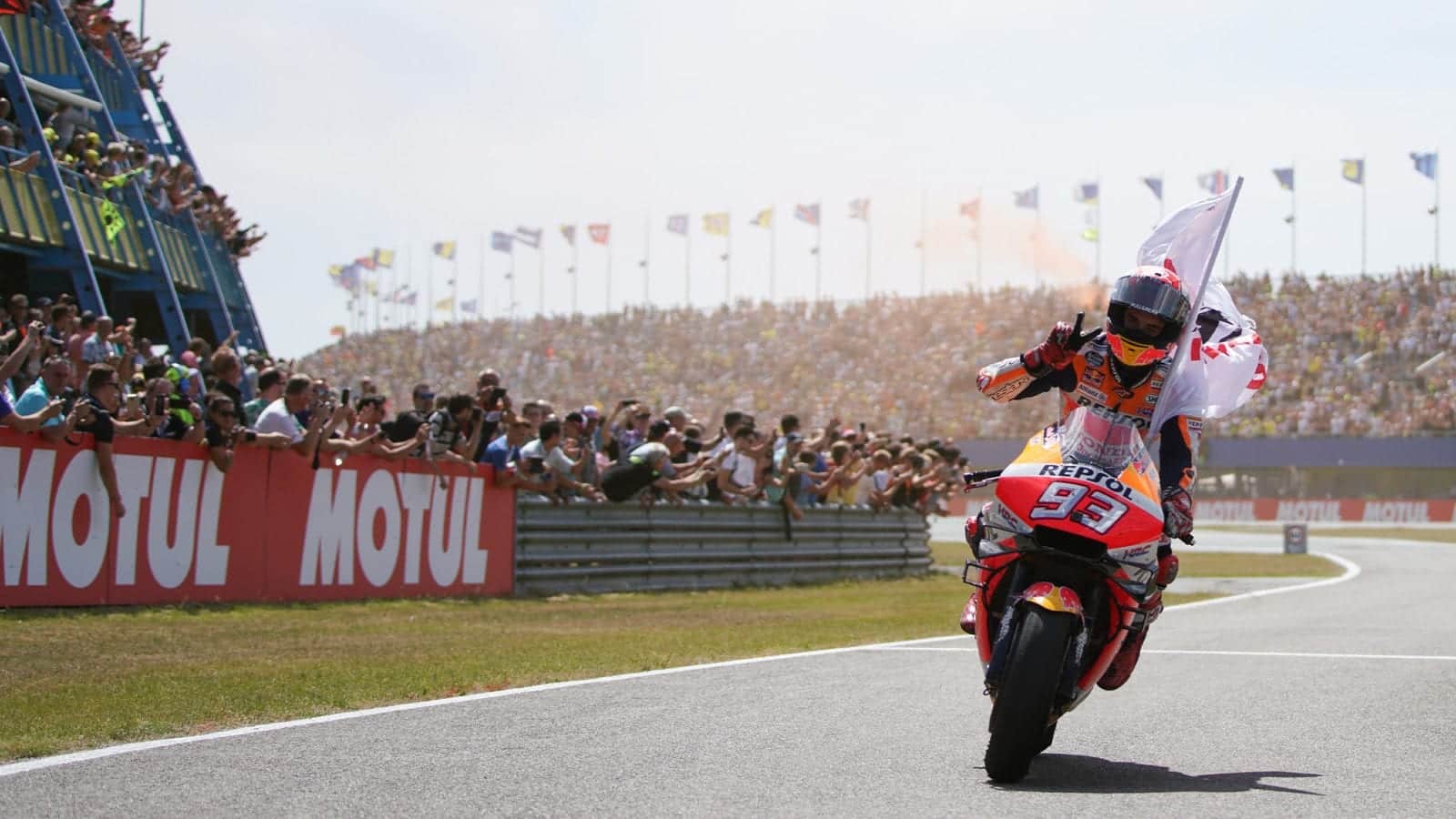 Marc Marquez celebrates victory in the 2019 MotoGP Dutch TT at Assen