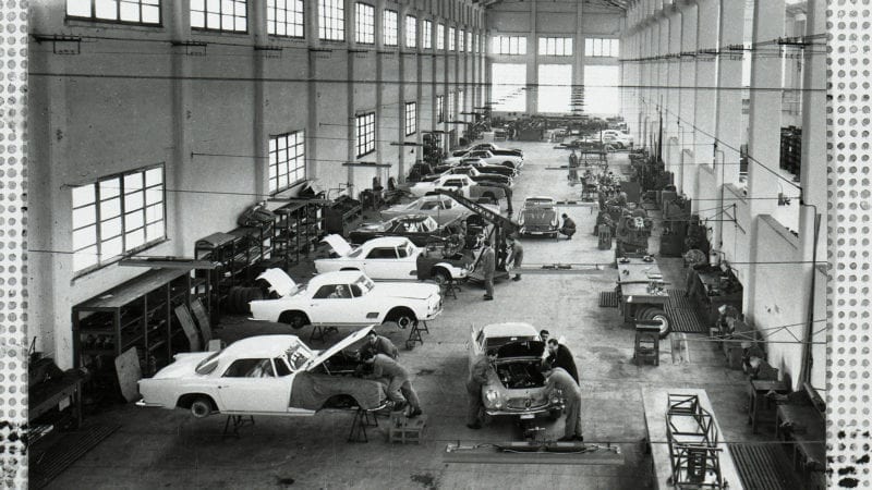 Maserati Modena factory in 1958 during a 3500GT production run