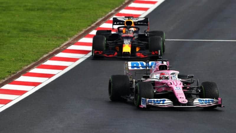 Max Verstappan's Red Bull follows the Racing Point of Sergio Perez during the 2020 F1 Turkish Grand Prix
