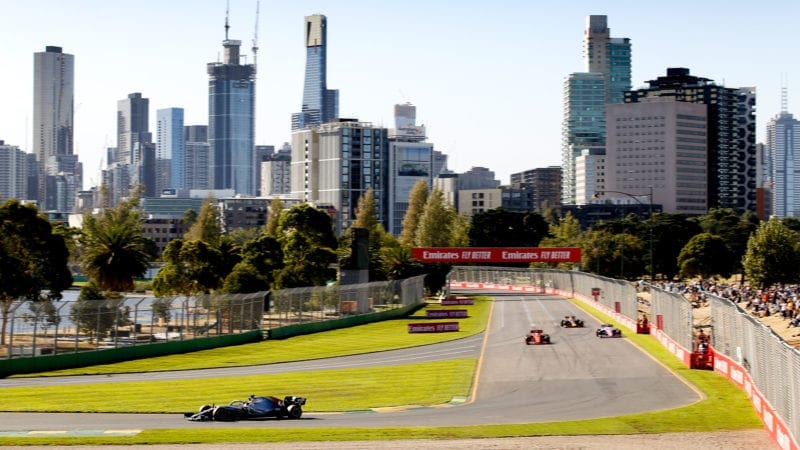 Melbourne skyline behind albert Park during the 2019 F1 Australian Grand Prix