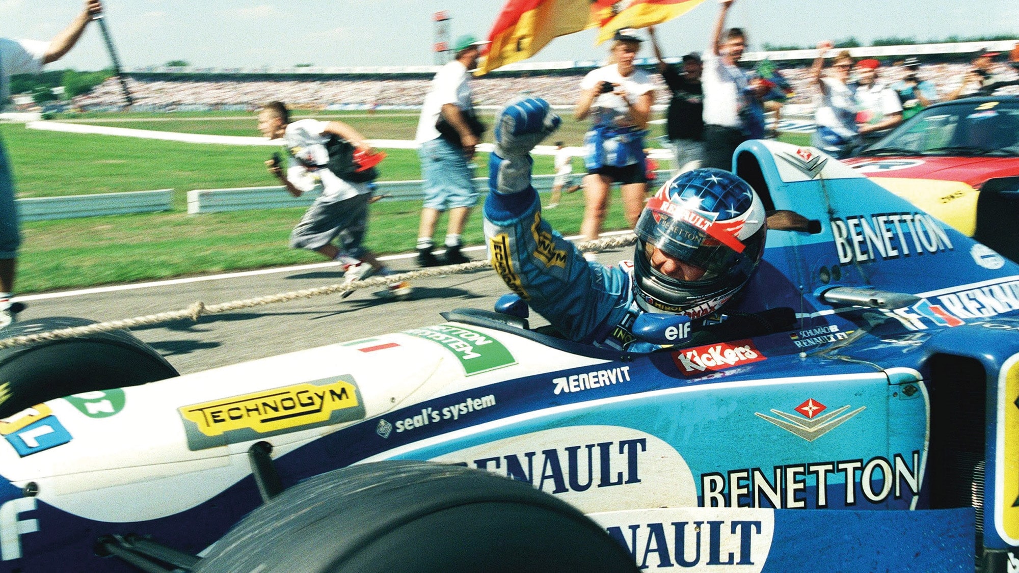 Michael Schumacher wins the 1995 F1 German Grand Prix for Benetton at Hockenheim