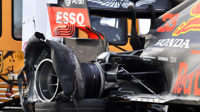 Ruined rear tyre of Max Verstappen's Red Bull after the 2020 F1 Emilia Romagna Grand Prix at Imola