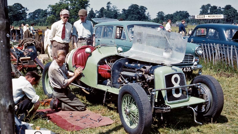 Sandy Murray's ERA Is prepared in the paddock for the Seaman Memorial Trophy Race at Oulton Park in 1961