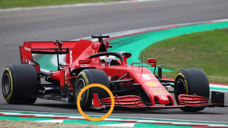 Sebastian Vettel's Ferrari with a damaged front wing endplate at Imola during the 2020 F1 Emilia Romagna Grand Prix