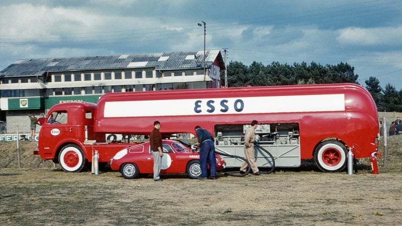 Simca Abarth refuels from an Esso tanker at the 1962 Le Mans 24 Hours