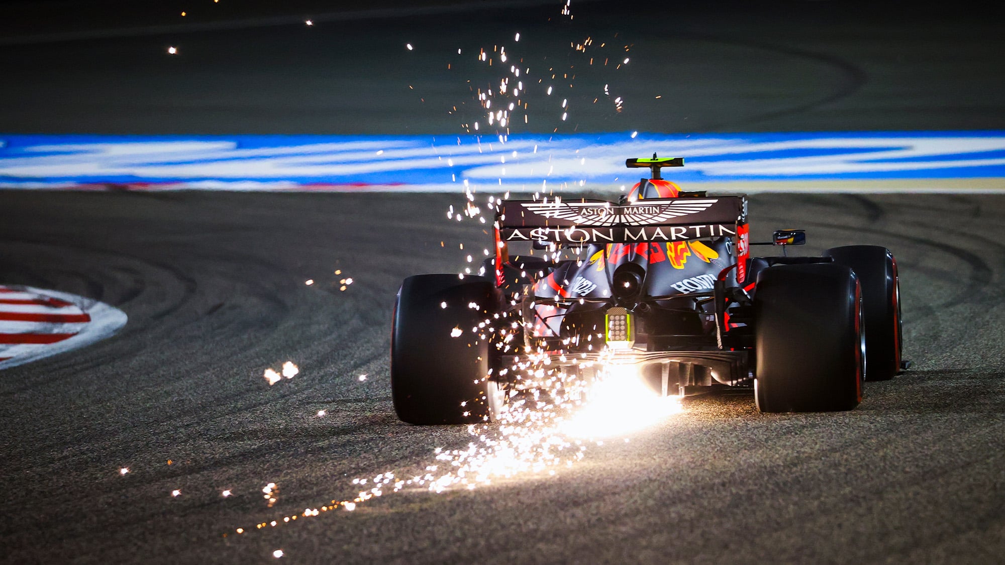 Sparks fly from the Red Bull of Alex Albon during the 2020 F1 Bahrain Grand Prix qualifying
