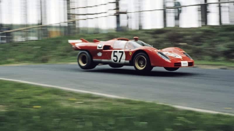 The Ferrari 512S of Arturo Merzario in the air at the Nurburgring in 1970