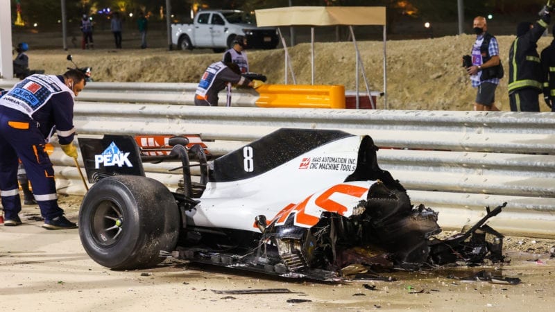 The rear of Romain Grosjean's car which was broken ion two by a crash at the 2020 F1 Bahrain Grand Prix