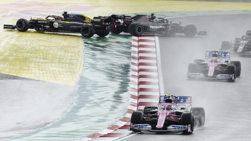 Valtteri Bottas and Esteban Ocon spin on the first lap of the 2020 F1 Turkish Grand Prix at Istanbul Park