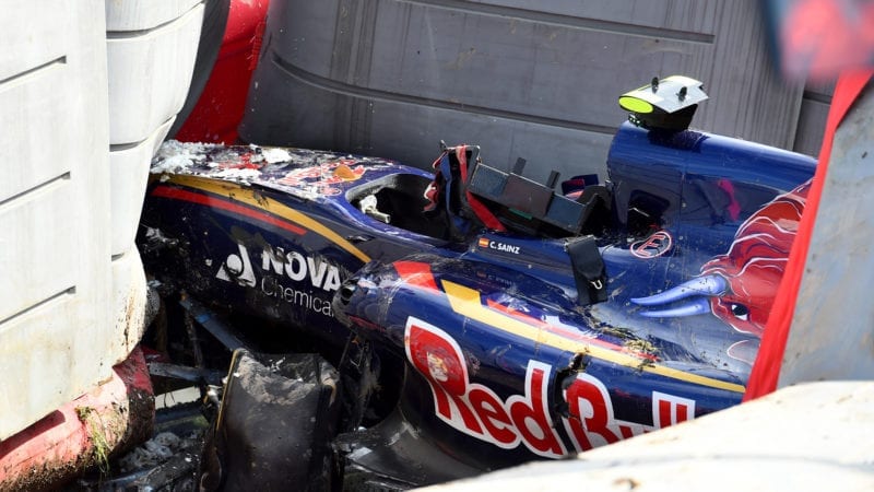 Wreckage of Carlos Sainz's car after crashing at the 2015 F1 Russian Grand Prix