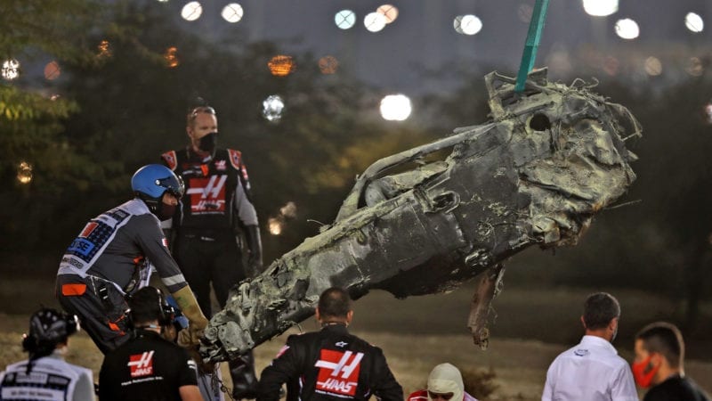 Wreckage of Romain Grosjeans Haas after the 2020 F1 Bahrain Grand Prix