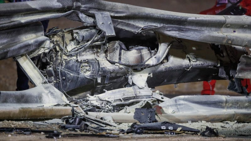 Wreckage of Romain Grosjean's car after crashjing at the 2020 F1 Bahrain Grand Prix
