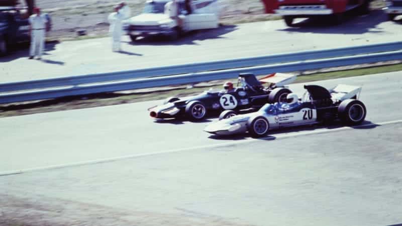 Mike Hailwood's Surtees side by side with Chris Craft's Brabham at the 1971 United States Grand Prix at Watkin's Glen