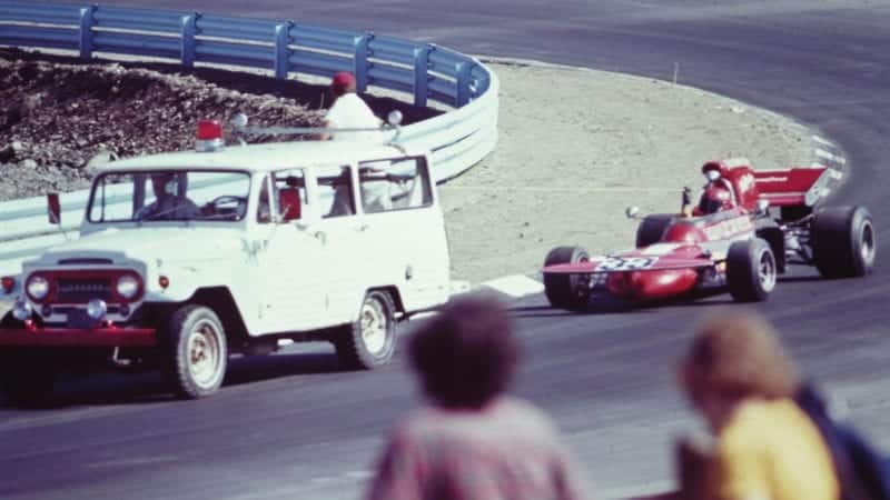 Skip Barber's March 711 is towed back to the pits at Watkins Glen after retiring from the 1971 United States Grand Prix