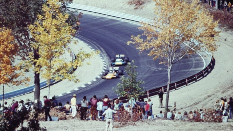 McLaren and Brabham battle during the 1971 F1 United States Grand Prix at Watkins Glen