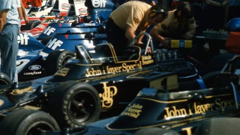 1974 Lotus Tyrrell and McLaren cars in the pits