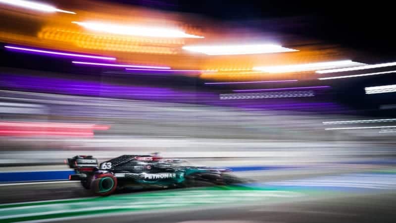 Blurred picture of George Russell's Mercedes in practice for the 2020 Sakhir Grand Prix