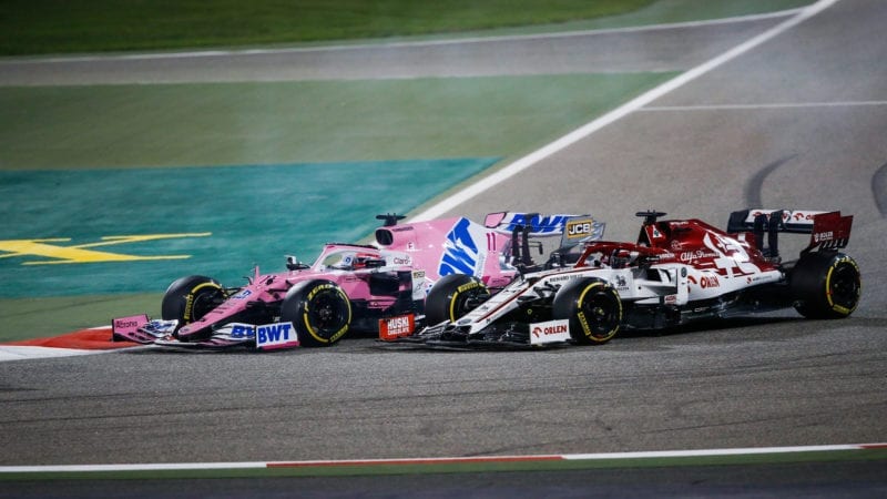 Sergio Perez overtakes Kimi Raikkonen in the 2020 Sakhir Grand Prix
