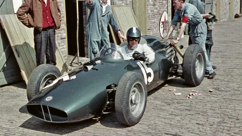 Dan Gurney in the BRM pits during the 1960 F1 season