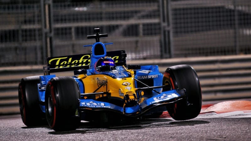 Fernando Alonso driving the Renault R25 in Abu Dhabi in 2020