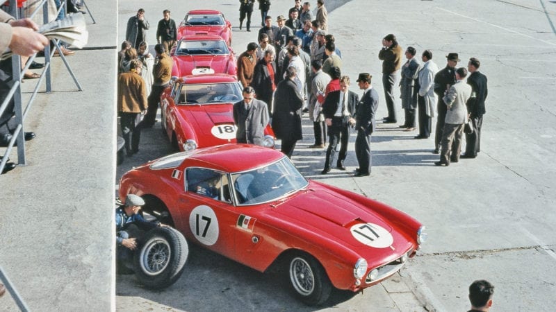 no fewer than four 250 GT SWBs sit in the Ferrari pits 1961