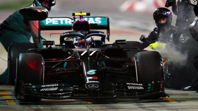 Flames from Valtteri Bottas' brakes as he makes a pitstop at the 2020 Sakhir Grand Prix