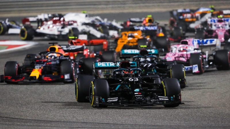 George Russell leads at the start of the 2020 Sakhir Grand prix