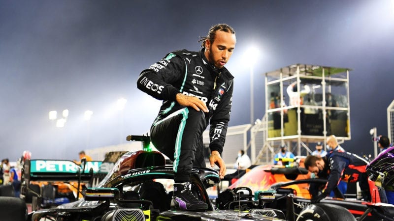 Lewis Hamilton climbs out of his Mercedes at the end of the 2020 Bahrain Grand Prix
