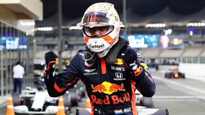 Max Verstappen celebrates pole at the 2020 Abu Dhabi GP