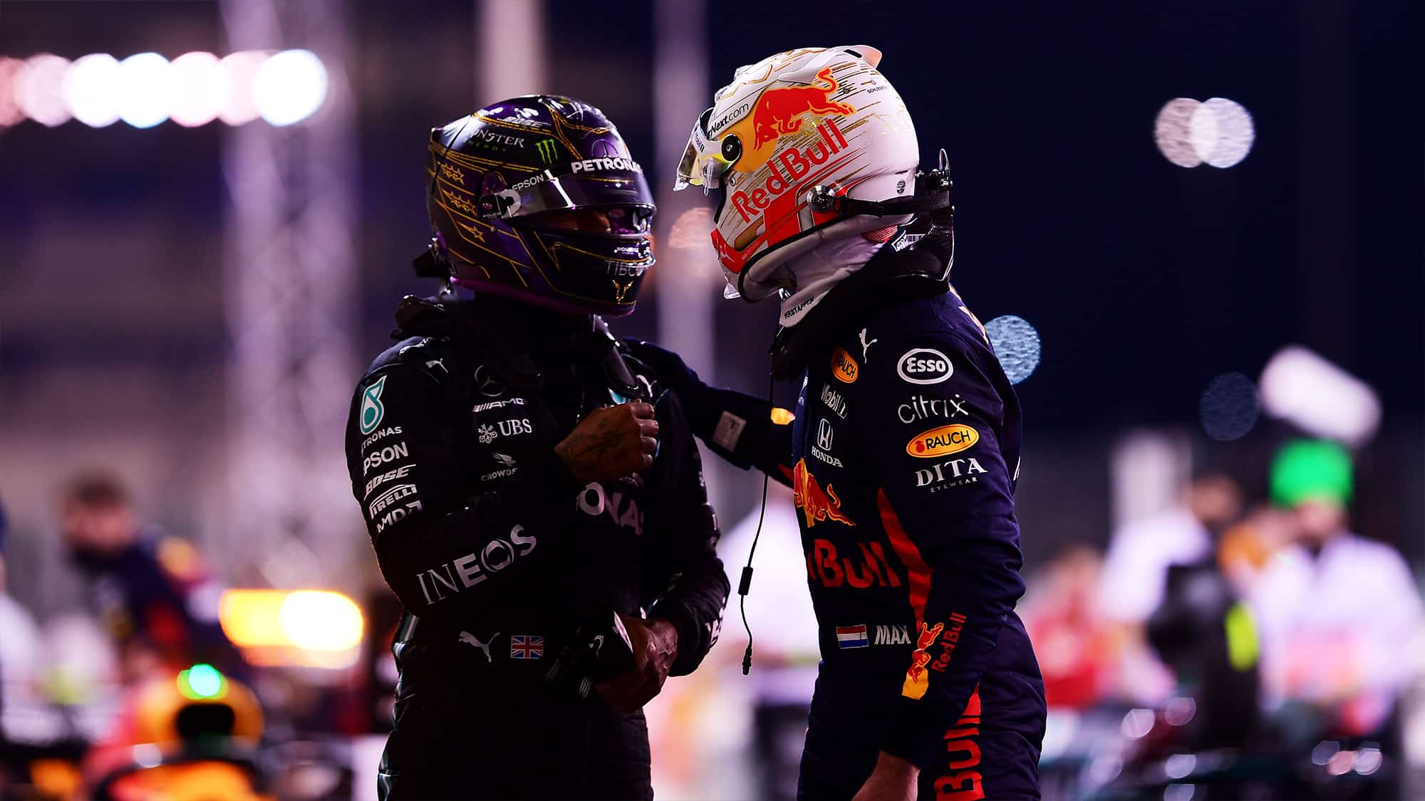 Max Verstappen with Lewis Hamilton after 2020 Abu Dhabi GP qualifying