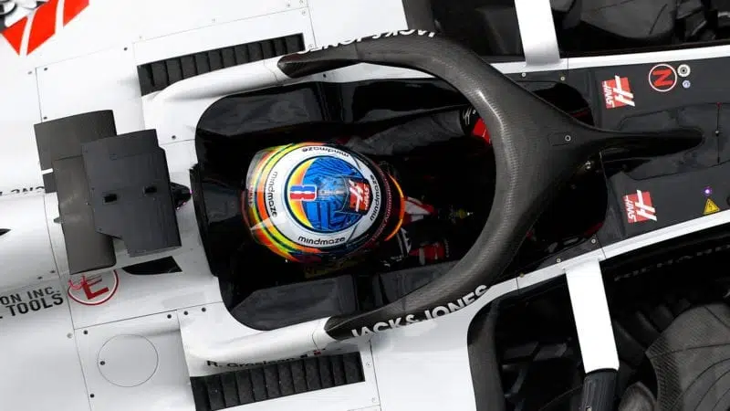 Overhead shot of Romain Grosjean in the Haas underneath the halo