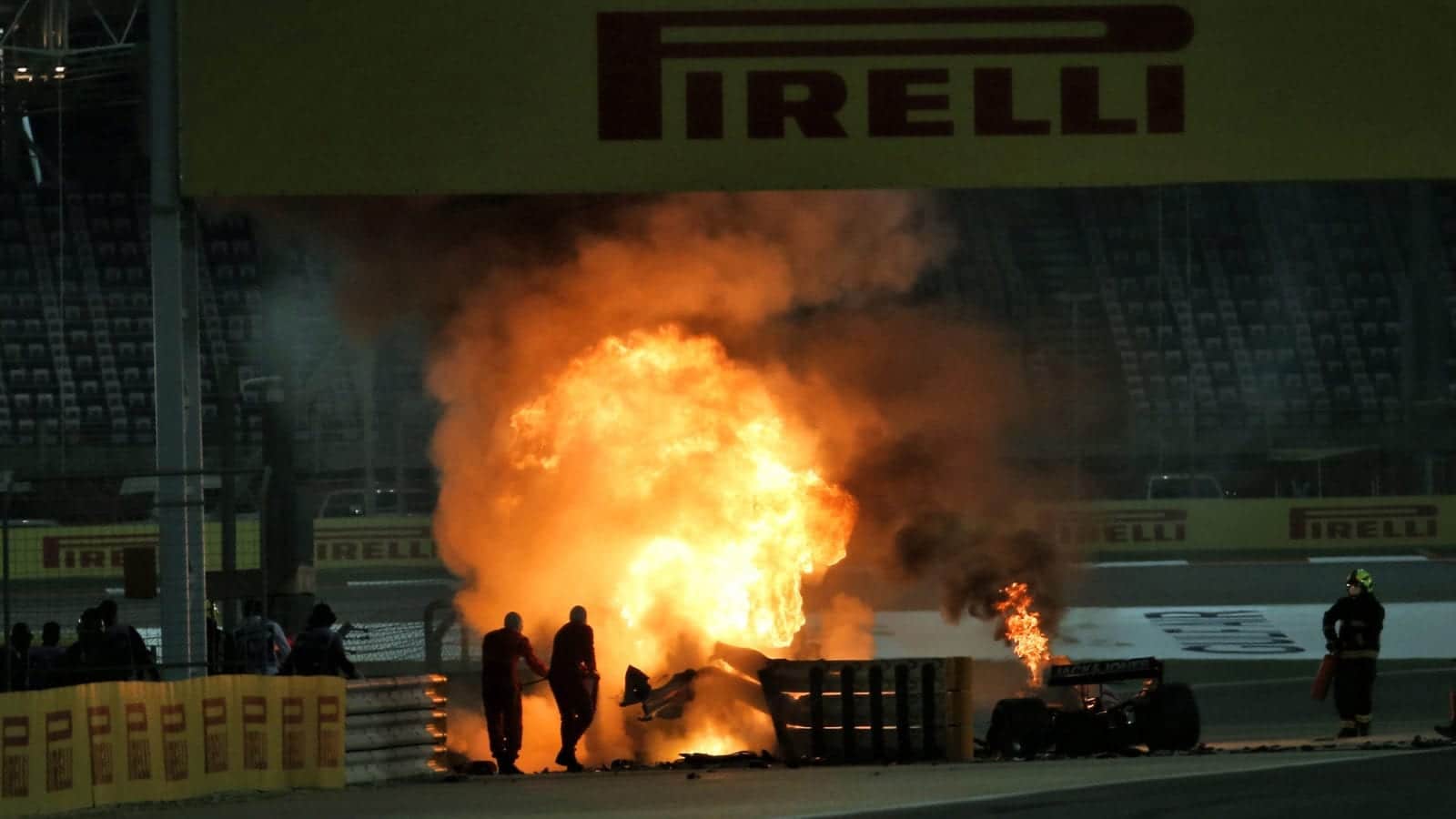 Romain Grosjean's Haas in flames at the 2020 F1 Bahrain Grand Prix