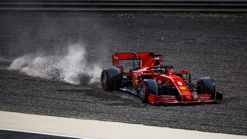 Sebastian Vettel slides off in practice for the Sakhir Grand Prix