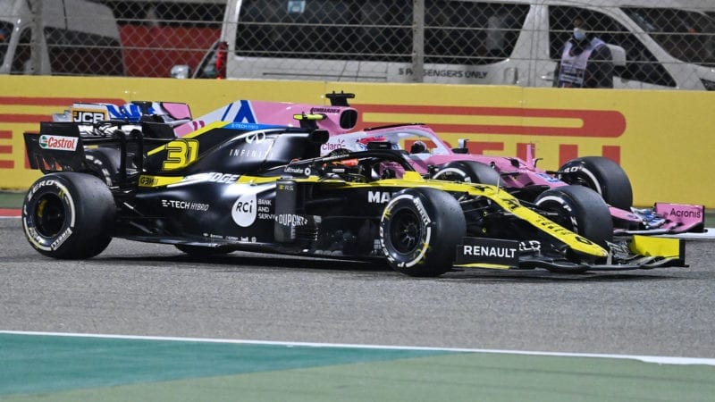 Sergio Perez passes Esteban Ocon during the 2020 Sakhir Grand Prix