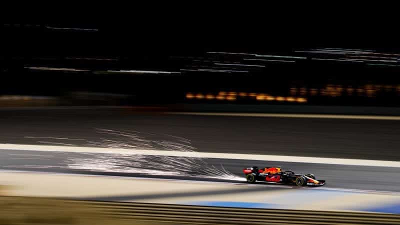 Sparks fly from Alex Albon's Red Bull during Sakhir Grand Prix practice