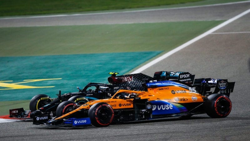 Valtteri Bottas battles with Carlos Sainz in the 2020 Sakhir Grand prix