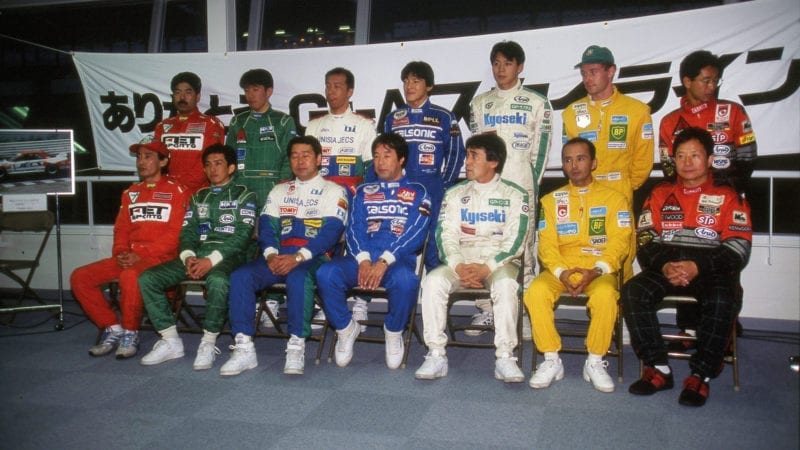 1993 Fuji Inter-Tec 500 driver group photo with Tom Kristensen