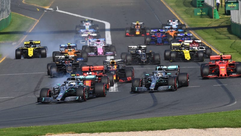 Valtteri Bottas leads Mercedes teammate Lewis Hamilton as the start of the 2019 Australian Grand Prix in Albert Park, Melbourne. Daniel Ricciardo (Renault) crashes). Photo: Grand Prix Photo