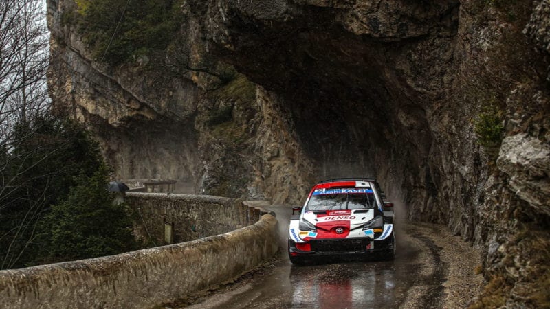 GAP, FRANCE - JANUARY 22: Elfyn Evans of Great Britain and Scott Martin of Great Britain compete with their Toyota Gazoo Racing WRT Toyota Yaris WRC during the FIA World Rally Championsip Monte Carlo Day Two on January 22, 2021 in Gap, France. (Photo by Massimo Bettiol/Getty Images)