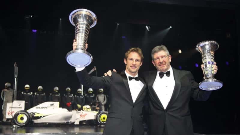 Jenson Button and Ross Brawn celebrate winning the 2009 F1 championships