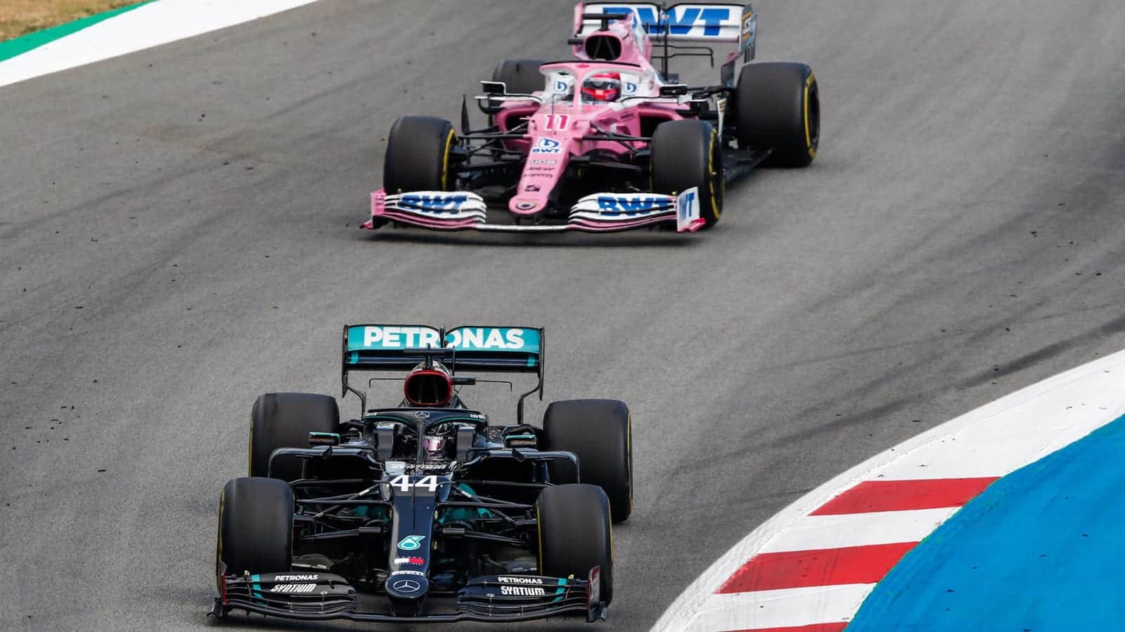 Lewis Hamilton in the Mercedes leads the Racing Point of Sergio Perez in 2020
