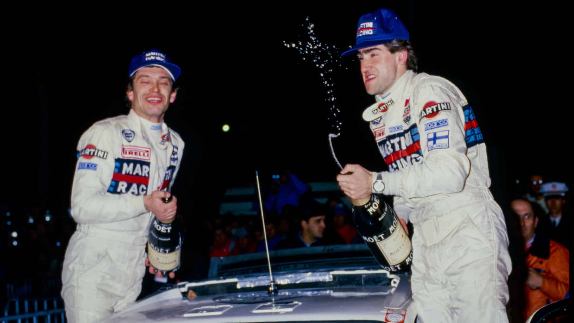07 Toivonen Henri (fin), Cresto Sergio (usa), Lancia Martini, Lancia Delta S4, celebrating their win during the 1986 Rallye Automobile de Monte-Carlo 1986, 1st round of the 1986 World Rally Championship, from January 18 to 24, 1986 between Aix-les-Bains and Monaco - Photo DPPI