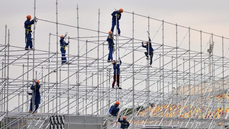 Workers erect scaffolding at the Hanoi street circuit in Vietnam