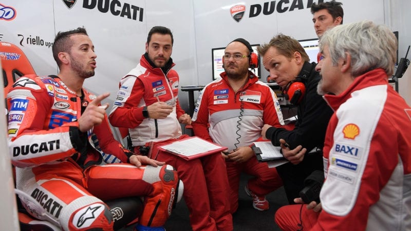 Andrea Dovizioso in Ducati debrief with Peter Bergvall