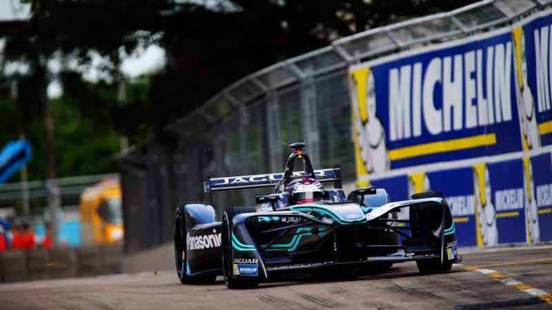 HONG KONG - OCTOBER 09: In this handout photo provided by Jaguar Racing, Adam Carroll of Great Britain driving the (47) Panasonic Jaguar Racing car during the Hong Kong ePrix, first round of the 2016/17 FIA Formula E Series on October 9, 2016 in Hong Kong. (Photo by Andrew Ferraro/LAT Photographic/Jaguar Racing via Getty Images)