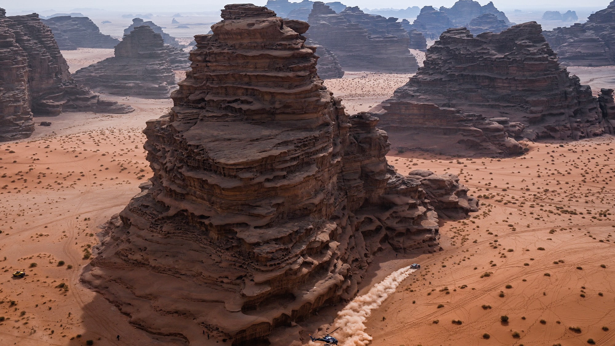 Helicopter shot of the Saudi Arabian desert in the 2021 Dakar