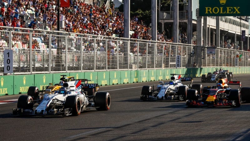 Daniel Ricciardo passes Hulkenberg Massa and Stroll at the 2017 Azerbaijan Grand Prix