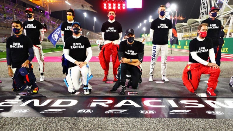 F1 drivers kneel in an anti-racism gesture ahead of the 2020 Bahrain Grand Prix