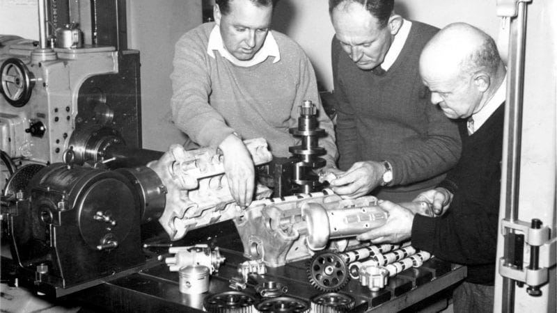 Harold Clisby Kevin Drage and Alec Bailey with V6 engine